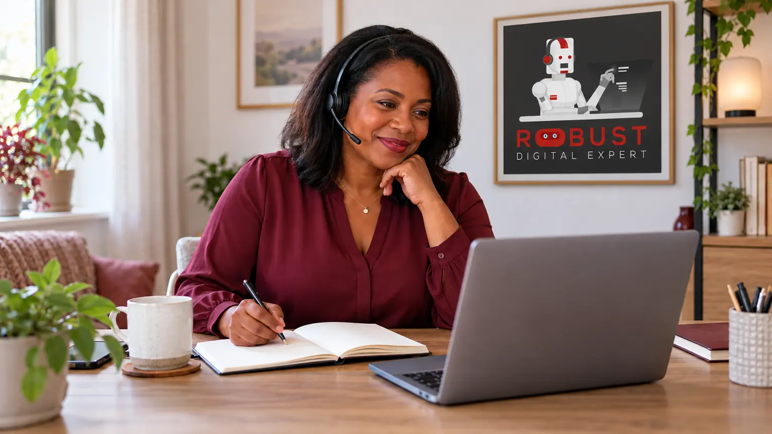 An adviser listening during an online learning conversation, with the RDE logo on the wall.