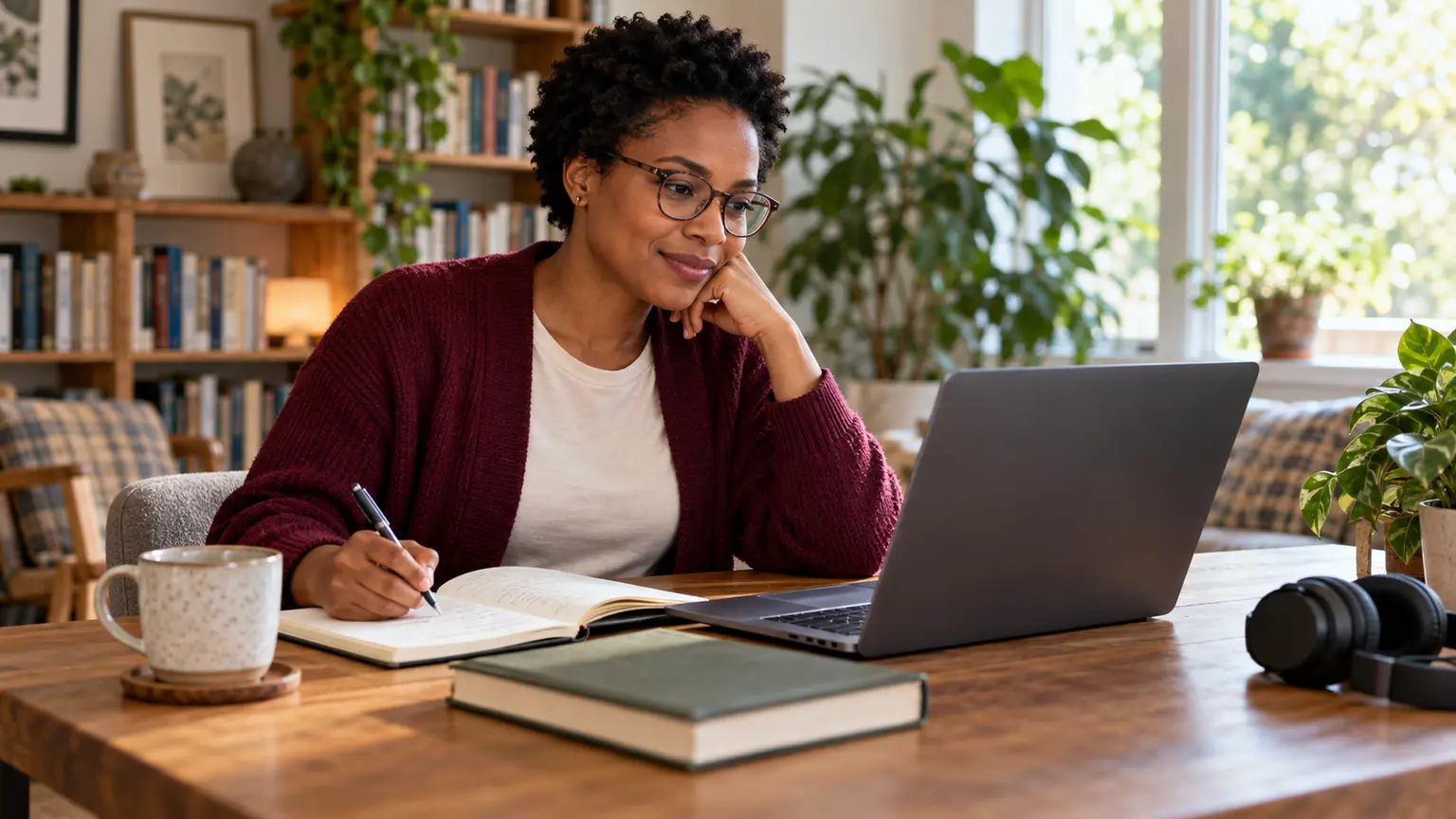 A professional reviews digital learning material on a laptop and makes notes in a notebook.