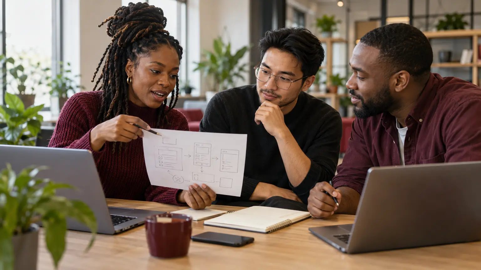 Three adult learners discuss a digital workflow using laptops and a paper sketch.