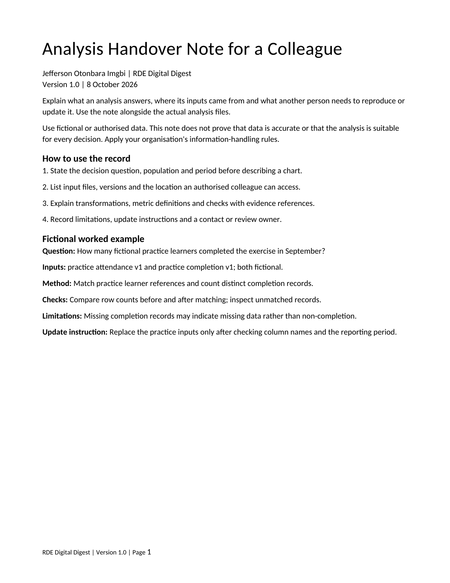 First page preview of Analysis Handover Note for a Colleague