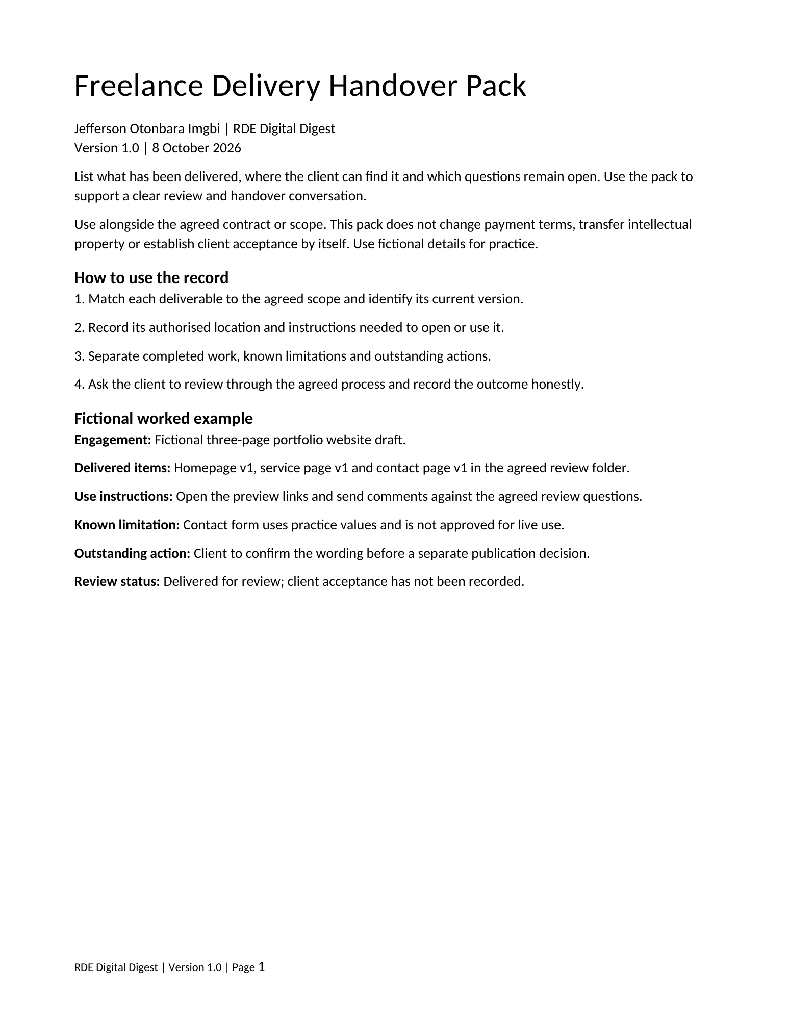 First page preview of Freelance Delivery Handover Pack