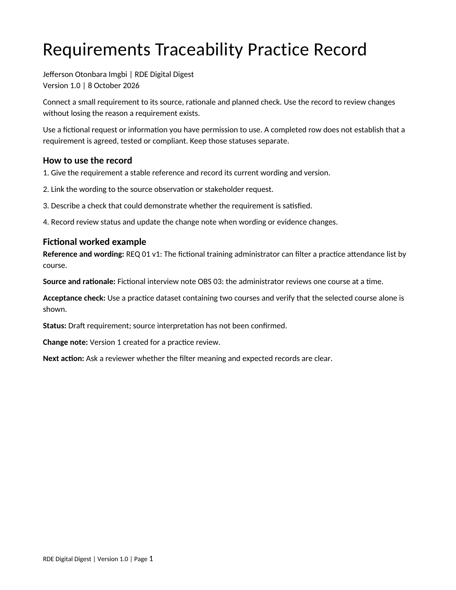 First page preview of Requirements Traceability Practice Record