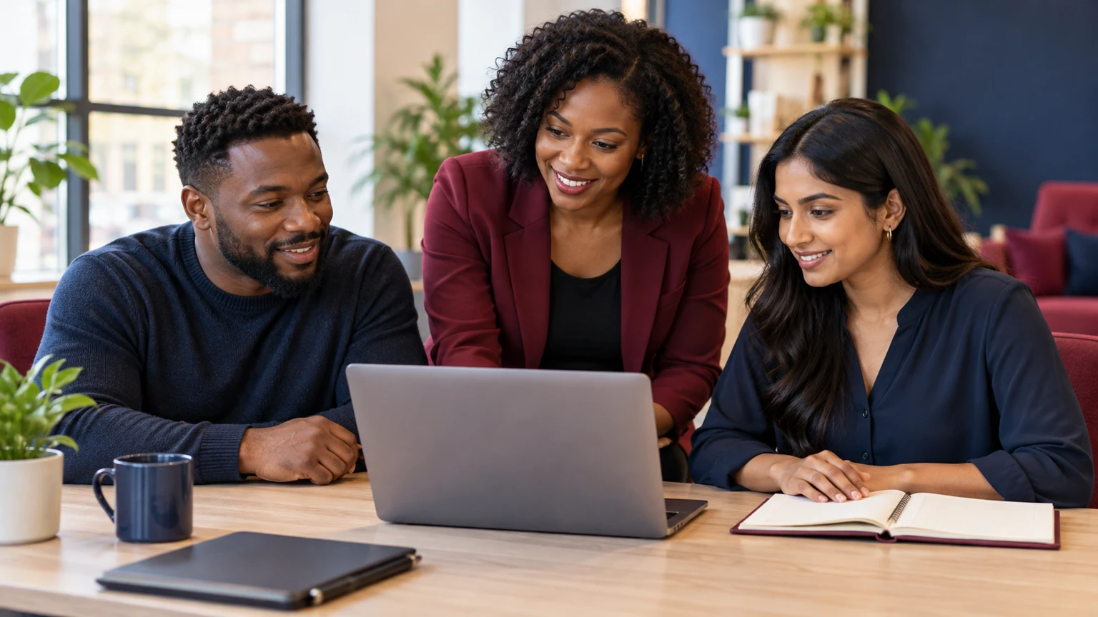 Three adults reviewing a laptop and notebook together in a bright learning workspace.