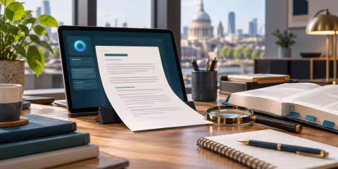 An AI draft beside source material and a review notebook.