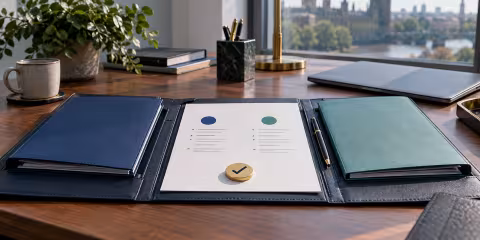 A decision folder and alternative options arranged on a desk.
