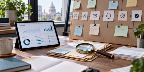 A proposed dashboard beside process notes and a magnifying glass.