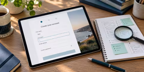 An unfinished registration form beside usability observation notes.
