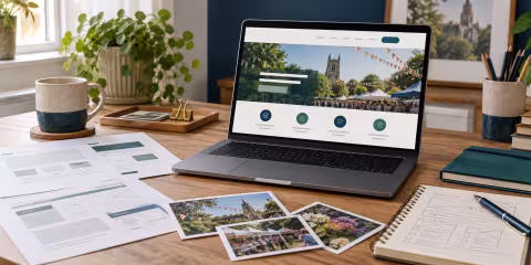 A project portfolio with a laptop, wireframes, notebook and evidence photographs.