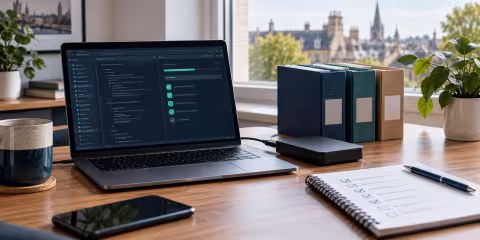 A deployment workstation with a backup drive and recovery notes.