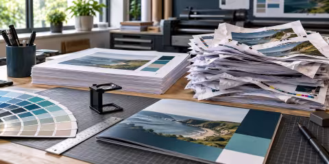 Corrected and rejected proof sheets beside quality-check tools.