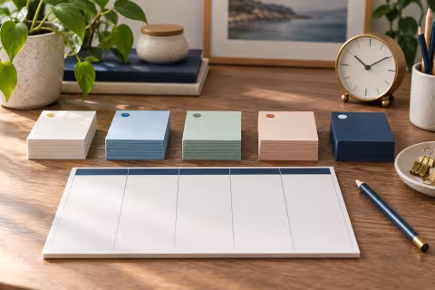 Task-card stacks, a working-time planner and a clock for considering team capacity.