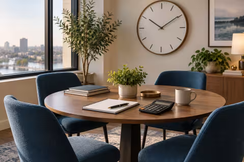 Empty meeting seats, a clock and a budget notebook for considering participant time and cost.