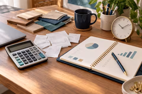 Calculator, clock and cost materials arranged for a freelance project estimate.
