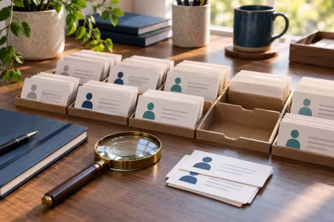 Record cards, duplicates and empty slots arranged for a data-quality review.