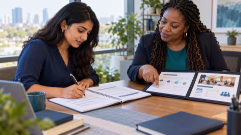 A professional completing a skills workbook with a mentor using project examples.