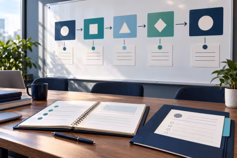 Process cards on a whiteboard beside an open notebook and a stakeholder folder.