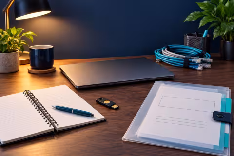A closed laptop, network cables, security key and incident notebook on a training desk.