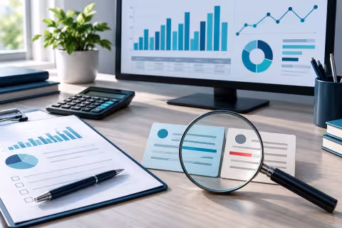 Data charts on a monitor beside a worksheet and a magnifying glass over two record cards.