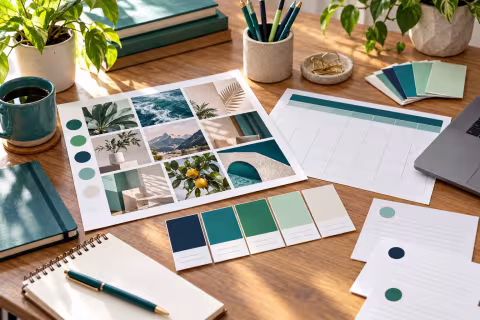 A marketing storyboard, campaign calendar and colour swatches arranged on a studio desk.
