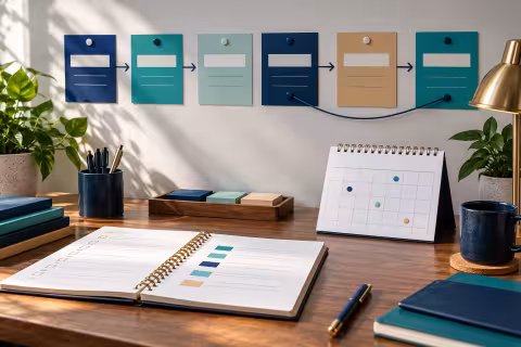 Milestone cards and a dependency cord above a desk with an action notebook and calendar.