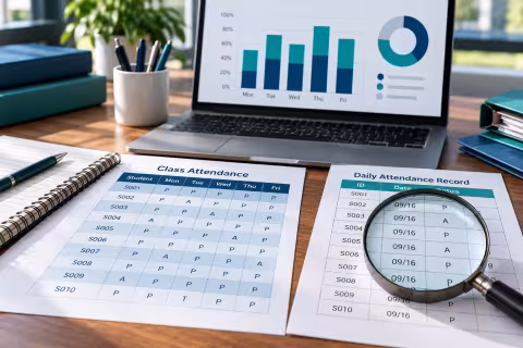 A laptop, attendance sheets and magnifying glass illustrate comparing records behind a reported attendance change.
