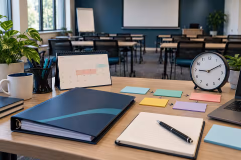 A calendar, training materials and task cards illustrate coordinating the remaining work before a course launch.