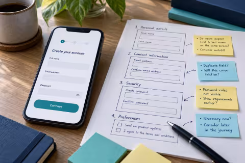 A mobile form and paper prototype illustrate examining a registration journey.