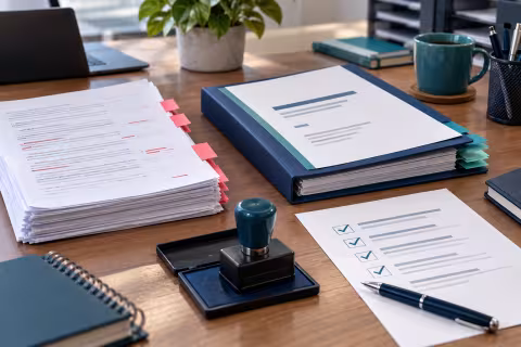 A returned document and a revised approval folder illustrate checking missing inputs before resubmission.