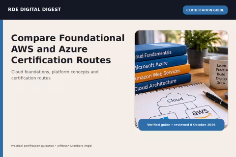 Cloud fundamentals workspace with Azure and AWS study materials and a cloud architecture sketch representing foundational cloud certification routes.
