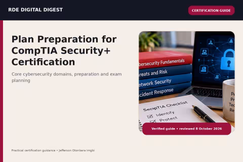 Cybersecurity workspace with a digital padlock, security study materials and a response checklist representing CompTIA Security+ preparation.