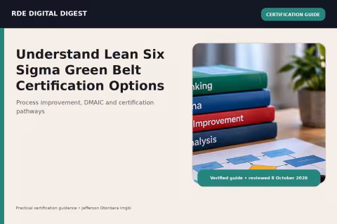 Process improvement workspace with Lean and Six Sigma books, a DMAIC reminder and a process diagram representing Green Belt certification preparation.