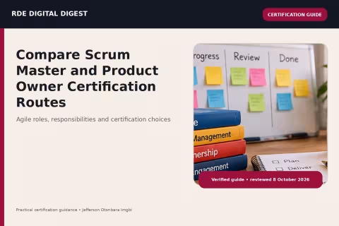 Agile workspace with a Scrum board, Scrum and product ownership books, and a planning checklist representing Scrum Master and Product Owner certification routes.