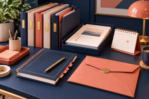 Deliverable folders, a review notebook and a handover envelope on a freelance work desk.