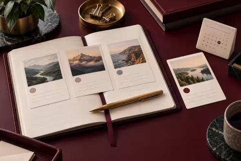 Decision notebook, option cards and a calendar tile representing a documented choice.
