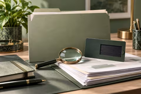 File folder, magnifying glass and privacy card representing review before sharing.