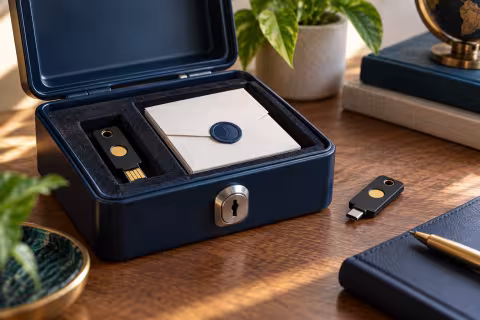 An open lockbox with a security key and sealed recovery envelope, beside a spare key.
