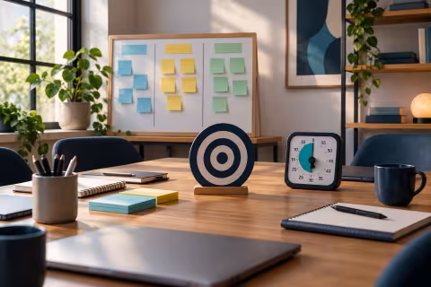 A team task board, central goal marker and meeting timer in an empty workspace.