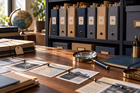 Organised evidence folders and source documents beside a magnifying glass.