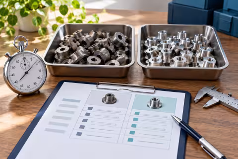A stopwatch, comparison trays and measurement sheet arranged for a process review.
