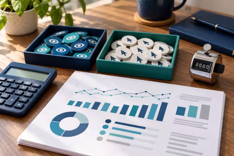 Separate impression and click tokens beside a tally counter, calculator and campaign report.