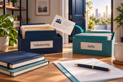 An evidence card between volunteering and skills folders, with an open doorway behind the desk.