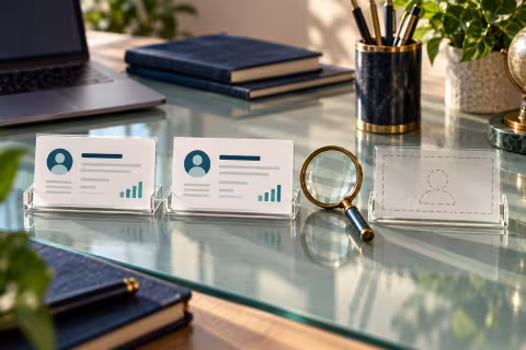 Two similar record cards and an empty record slot beside a magnifying glass.