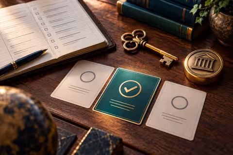 A decision ledger, authority key and selected approval card on a dark wooden desk.