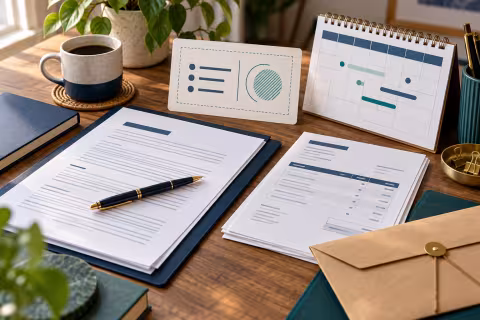 Scope notes, a milestone calendar, invoice sheet and payment envelope on a freelancer’s desk.