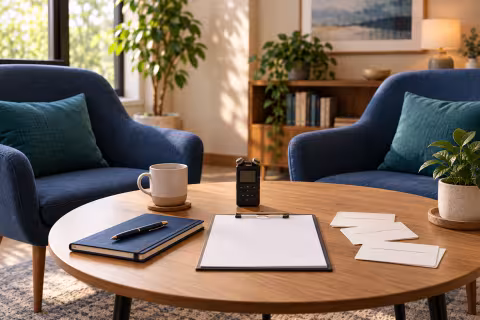 Two empty chairs around an interview table with a recorder, notebook and preparation cards.