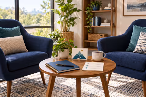 Two facing chairs with a goal card, feedback notebook and next-step note on the table.