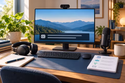 A meeting workstation with webcam, headset, microphone, agenda and caption strip.