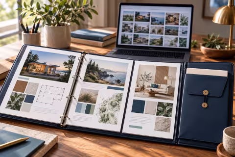 An open portfolio binder with sample project pages beside a closed private document folder.