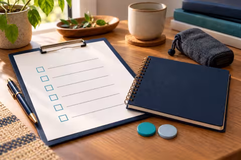 A plain consent checklist and observation notebook beside participant tokens and a covered recorder.