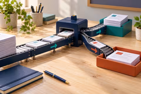 A miniature document conveyor with a separate manual review route and tray.